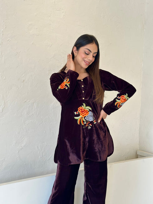 Brown Embroidered Velvet Fusion Set